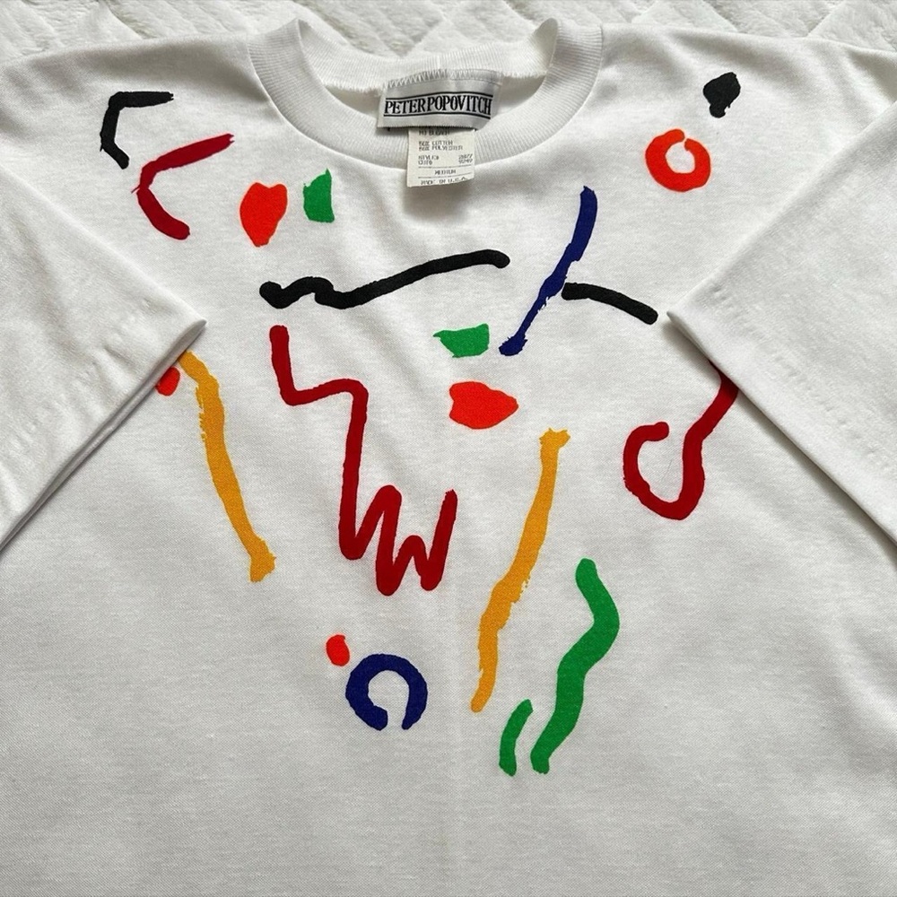 Vintage 1980s Abstract Art Scribble Graphic Tee - White M - Picture 2 of 5
